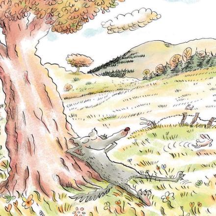 Loup gris dormant sous un arbre