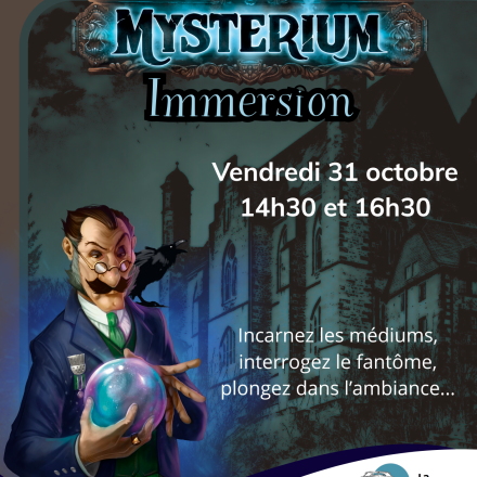 affiche avec un medium devant un manoir